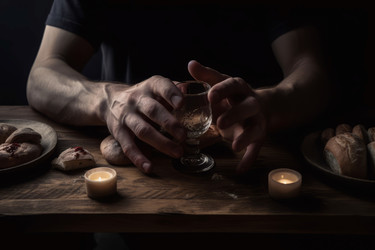 Male hands with glass on table at last religious supper. Generate ai - yliv
