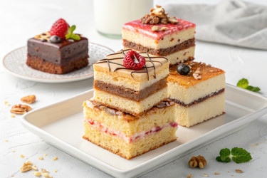 вкусные пирожные ассорти, разложенные на белой тарелке со свежей начинкой - RomanZ