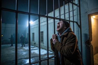 мужчина кричит из тюремной решетки во время драматической сцены ночью - RomanZ