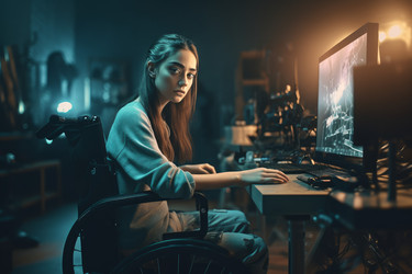 девушка подходит работающий компьютер. генеративный контент - yliv