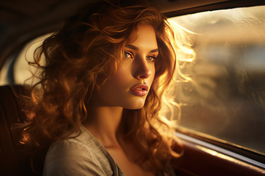 Beautiful young woman in car at sunset light. Vehicle summer trip face female. Generate Ai - yliv