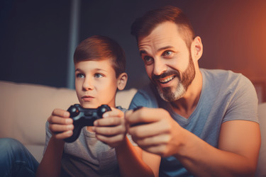отец и сын играют в видеоигры. генеративный контент - yliv