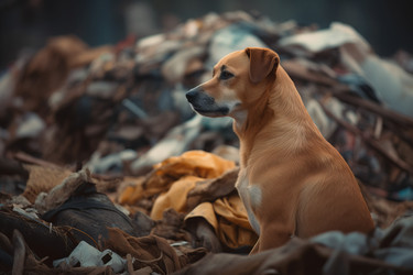 Brown dog sitting on garbage piles nature. Generate Ai - yliv