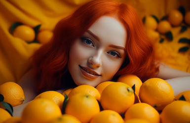 Young woman happy smiles on pile oranges. Indoor studio portrait of red hair girl. Generate Ai - yliv