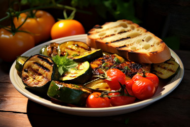 вкусное блюдо из овощей-гриль и запеченного хлеба на тарелке. закуска, обжаренная на дереве. генеративный контент - yliv