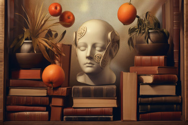 скульптурная голова на книгах с изображением апельсинов. художественный сюрреалистический памятник с причудливой статуей. генеративный контент - yliv