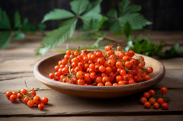 Plate ripe rowan berries fruit. Vitamin health diet cook fresh. Generate Ai - yliv
