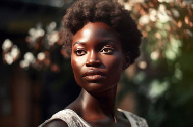 Black woman posing on white flowers background. Generate ai - yliv
