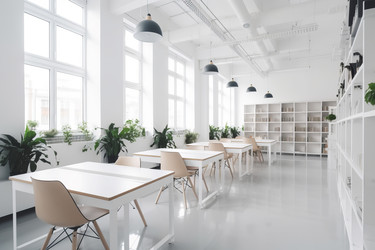 Clean bright classroom. Modern and pure accommodation with white tables. Generate AI - yliv