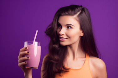 Женщина пьет фиолетовый смузи из стакана fresh detox. Генерировать искусственный интеллект - yliv