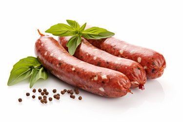 вкусная нарезанная домашняя колбаса с чесночным перцем в горошек на белом фоне. генеративный контент - yliv
