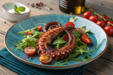вкусный осьминог на гриле подается на подушке из свежей зелени и помидоров черри - RomanZ