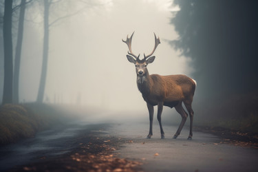 Deer on misty forest road. Wildlife rural scene of herbivore animal in foggy nature. Generate ai - yliv