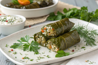 вкусные фаршированные виноградные листья подаются на белой тарелке с зеленью - RomanZ