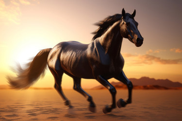 Dark steed galloping. Black beauty and muscular horse prancing desert. Generate AI - yliv