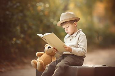 маленький мальчик читает книгу со своим плюшевым мишкой на природе. генеративный контент - yliv