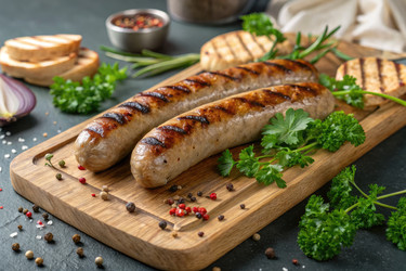вкусные сосиски-гриль, поданные со свежей зеленью на деревянной доске - RomanZ
