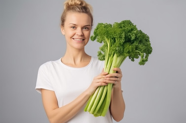 Woman fresh green celery bunch stalk. Natural ingredient organic herb juicy. Generate Ai - yliv
