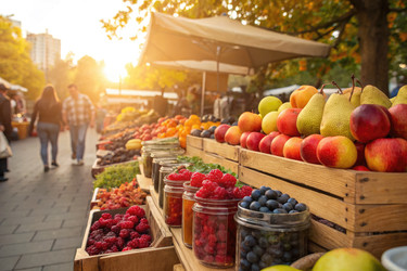 рынок фруктов и овощей на закате с выставленными красочными продуктами - RomanZ