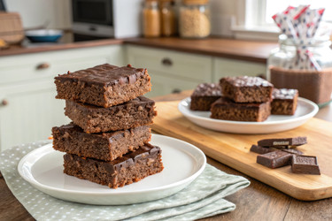 вкусные шоколадные брауни, разложенные на тарелке в уютной кухонной обстановке - RomanZ