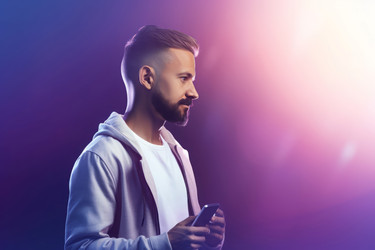 мужчина держит в руках экран телефона. умное пространство. генеративный контент - yliv