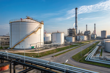 промышленное нефтехранилище с большими резервуарами и трубопроводами, вид днем - RomanZ
