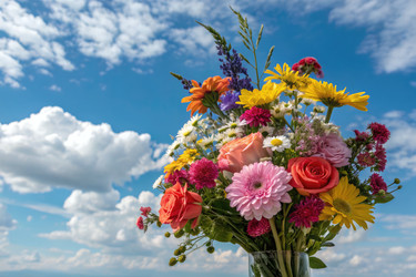 красочный букет цветов на фоне ярко-голубого неба с пушистыми облаками - RomanZ