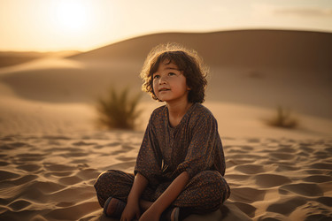 Girl sitting in middle sand. Generate Ai - yliv