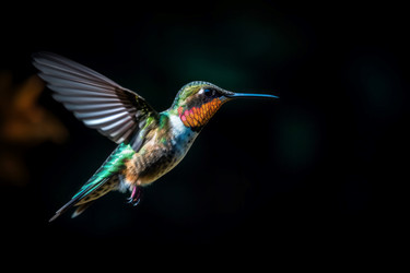 Glowing tiny hummingbird flying on black backdrop. Generate ai - yliv