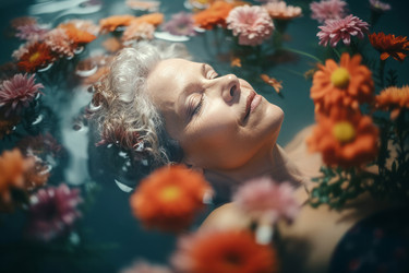 зрелая женщина плавала на горячую воду, украшенный цветами. генеративный контент - yliv