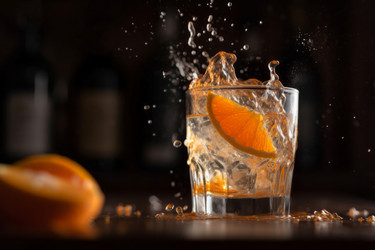 Orange dropping cocktail. Slice citrus dropped glass drinking pot. Generate AI - yliv