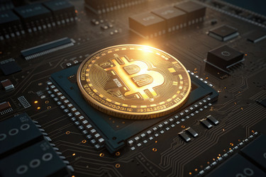 биткойн выделяется на печатной плате, окруженной технологическими компонентами - RomanZ