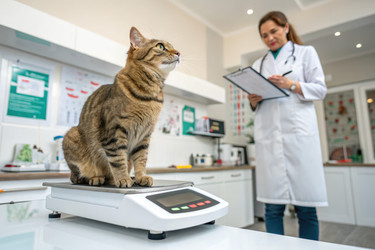 кошку взвешивают в ветеринарной клинике в присутствии внимательного ветеринара - RomanZ