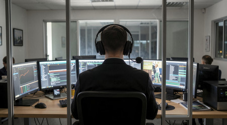 человек, работающий в оживленном офисе с несколькими мониторами - Vvicca