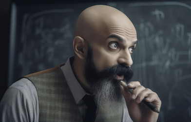 лысый учитель физики-индиец, размышляющий ручкой. генеративный контент - yliv