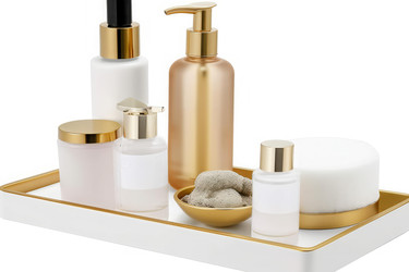 Bathroom organizer board countertop on white background. Storage organizer for grooming and hygiene products. Generate ai - yliv