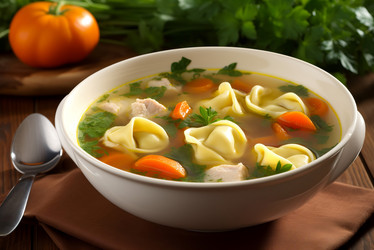 куриный суп-тортеллини. традиционное полезное блюдо с мясом и овощами. генеративный контент - yliv