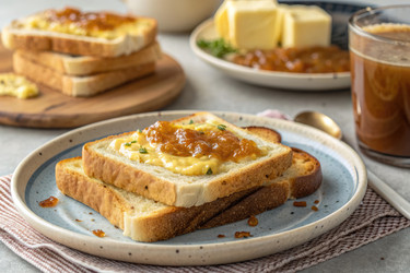 вкусный завтрак с тостами, маслом и сладким фруктовым джемом - RomanZ