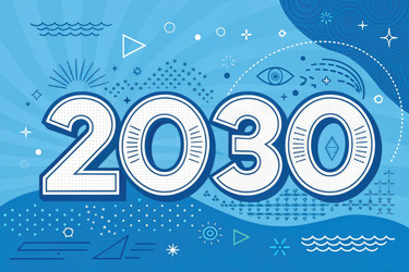 ярко-синий дизайн, посвященный 2030 году, с креативными элементами и символами - RomanZ