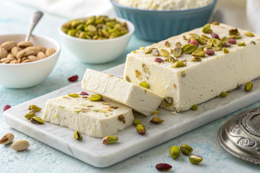 вкуснейшая ореховая нуга подается на мраморном блюде со свежими фисташками - RomanZ