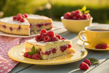 вкусный малиновый пирог подается к чаю в солнечной обстановке на открытом воздухе - RomanZ