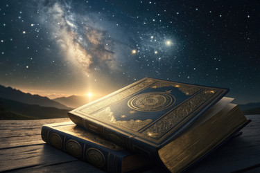 книги, лежащие на деревянном столе под звездным ночным небом - RomanZ