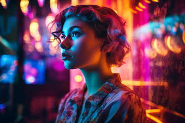 молодая женщина на неоновом разноцветном фоне. генеративный контент - yliv