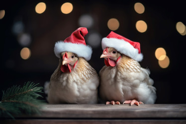 Chicken with Christmas hats. Holiday winter poultry festive portrait. Generate ai - yliv