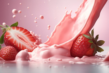Fruit yogurt with strawberry slices for breakfast. Sweet berry cream cocktail, healthy dessert. Generate Ai - yliv
