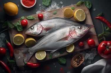 Attention grabbing visually appealing whole fishes on wooden board. Generate ai - yliv