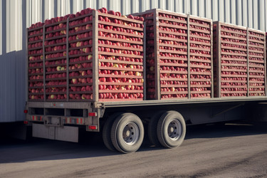 Apple filled containers truck trailer. Farm harvest agriculture box logistic. Generate Ai - yliv
