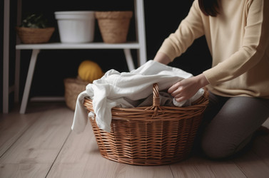 Woman folding laundry basket. Female with dirty clothes in storage container. Generate ai - yliv