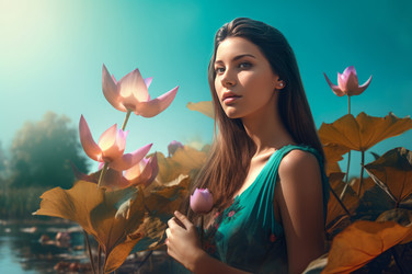 женщина на фоне пейзажных цветов лотоса. генеративный контент - yliv