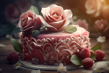Birthday cake with patterns and pink roses. Generate Ai - yliv